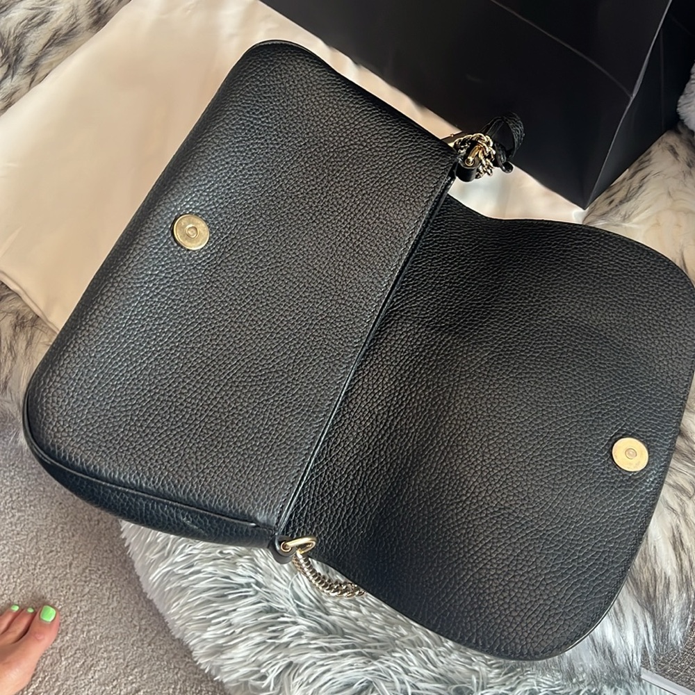 Gucci Soho Interlocking GG Black Leather Gold Chain Flap Shoulder Bag Purse - Picture 10 of 17